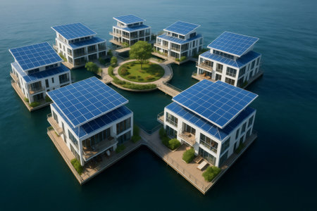 Modern floating houses with solar panels on the roof forming a circle in the ocean, creating a sustainable and futuristic communityの素材