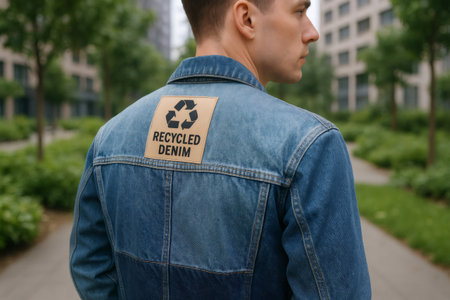 Promoting eco conscious clothing choices, a man wears a recycled denim jacket featuring a recycling symbol, advocating for sustainable fashion practicesの素材