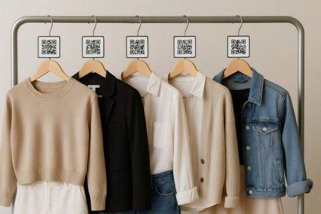 Clothes hanging on a rack feature QR codes, enhancing the shopping experience with modern technology and seamless access to online retailの素材