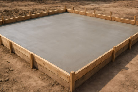 Freshly poured concrete foundation with wooden formwork on a construction site, representing the initial stage of building processの素材