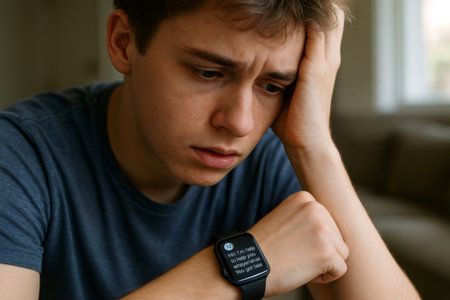 Depressed young man receiving comforting support from AI notifications on his smartwatch, navigating feelings of sadness and anxietyの素材