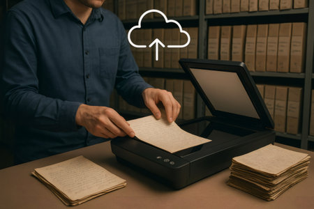 Archivist digitizing historical documents with a scanner in an archive, preserving valuable information for future generationsの素材