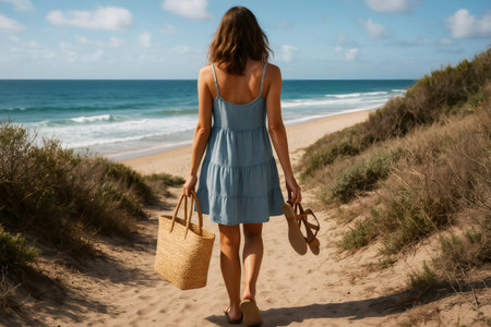 Tourist walking on a sandy path towards the beach carrying sandals and a beach bag enjoying summer vacationの素材