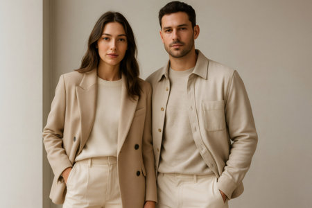 Elegant man and woman models showcasing trendy beige and neutral toned casual outfits, representing modern minimalist fashionの素材