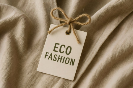 Eco fashion tag made of recycled paper with string laying on sustainable organic linen fabric promoting sustainable fashion and eco friendly lifestyleの素材