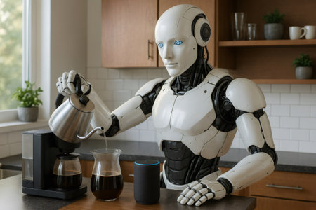 Advanced humanoid robot preparing filter coffee in a modern kitchen using a coffee machine and a kettleの素材
