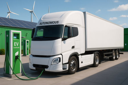 White autonomous electric truck charging at green ev charging station with solar panels and wind turbines providing sustainable and renewable energyの素材