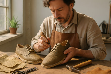 Cobbler carefully working on a pair of vegan pineapple leather shoes, showcasing traditional craftsmanship and sustainable fashion in his workshopの素材