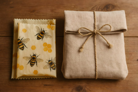 Reusable beeswax food wraps with bee print and a canvas pouch tied with twine sit on a wooden table, promoting sustainable food storageの素材