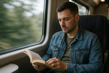 Casual dressed man enjoying his train journey reading a paperback book, taking advantage of travel time for literatureの素材