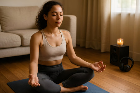 Serene young woman meditating in lotus position on yoga mat, enjoying peaceful atmosphere with candle and music in her living roomの素材