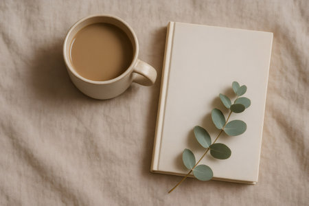 Beige aesthetic flat lay featuring a coffee mug and a book with eucalyptus branch resting on beige linen, ideal for lifestyle or wellness blogsの素材