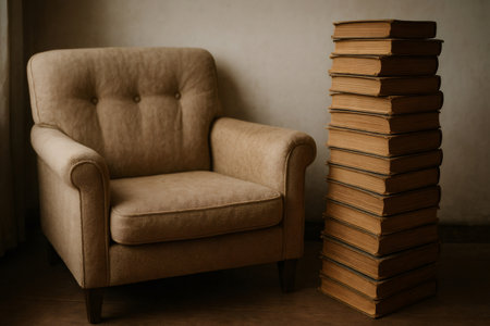 Comfortable armchair next to a tall stack of vintage books, creating a cozy reading nook perfect for relaxation and literatureの素材