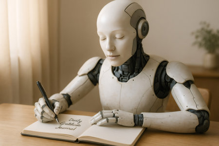 Advanced humanoid robot practicing mindfulness by writing a daily gratitude journal, exploring the intersection of AI and emotional well beingの素材