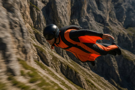 Skydiver soaring through the sky in a wingsuit, gliding effortlessly near a stunning mountain ridge on a bright summer dayの素材