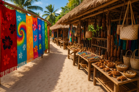 Wooden souvenirs and vibrant sarongs filling stalls at a bustling tropical island market, showcasing local culture and artisan craftsmanshipの素材