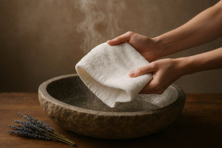 Woman holding white towel over steaming bowl of hot water, preparing for beauty treatment with lavender aromatherapyの素材