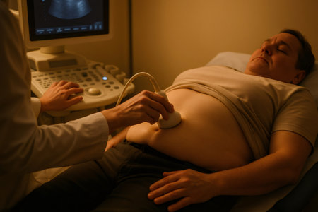 Doctor using ultrasound transducer performing abdominal scan on male patient lying on bed in clinicの素材