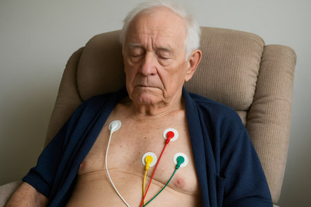 Senior man with electrodes attached to his chest is undergoing an electrocardiogram - ECG - while sitting relaxed in a hospital roomの素材