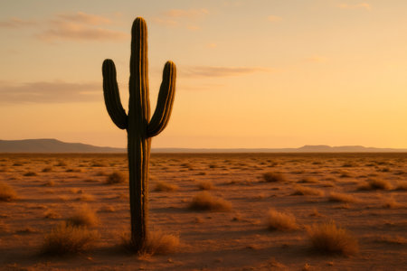 Majestic saguaro cactus silhouetted against the warm hues of a desert sunset, creating a captivating scene of tranquility and resilienceの素材