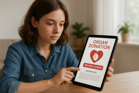 Young woman pointing at a tablet displaying vital information about becoming an organ donor, promoting health and hope through technologyの素材
