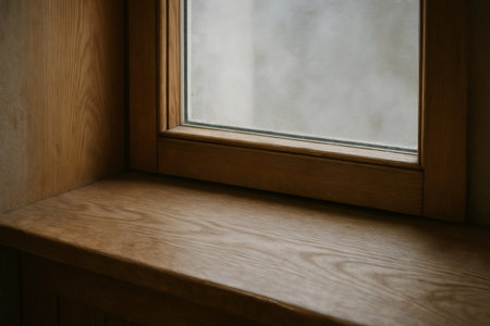 Empty oak windowsill featuring frosted glass, offering a serene view of a chilly winter morning, inviting warmth and tranquility indoorsの素材