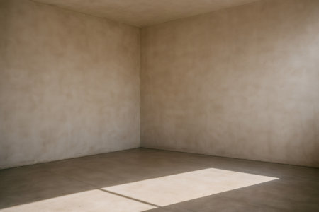 Sunlight is illuminating an empty room with bare walls and a cement floor, creating an atmosphere of serene emptinessの素材