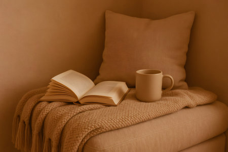 Open book rests on a soft blanket next to a warm mug, creating a cozy reading nook perfect for relaxationの素材