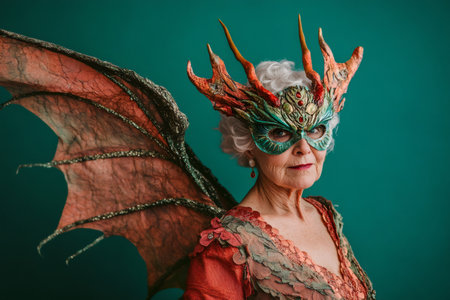 Elegant senior woman wearing an elaborate dragon themed mask and wings poses against a vibrant green backdropの素材