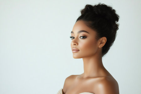 Studio portrait of beautiful young woman with elegant high bun hairstyle, wearing off the shoulder top, looking away from cameraの素材