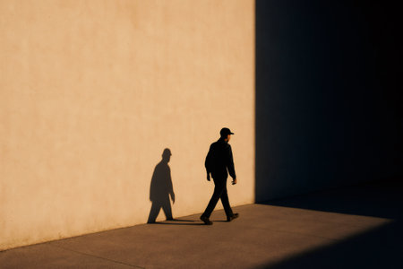 Man walking alone near a towering wall, casting a long shadow on the surface during a bright, sunny day in the urban landscapeの素材