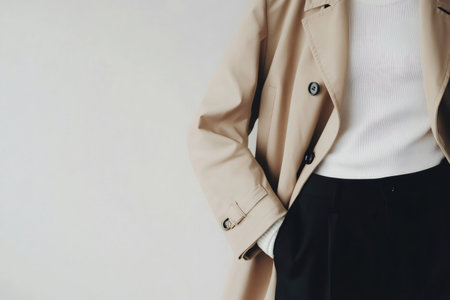 Close up of a woman wearing a beige trench coat, white turtleneck sweater and black trousers, showcasing a minimalist and elegant styleの素材
