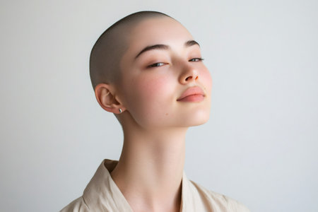 Minimalist portrait of a confident model showcasing a bold shaved head, exuding strength and beauty against a clean white backdropの素材