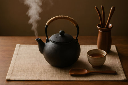 Traditional tea ceremony set up with a steaming black iron teapot, teacup, wooden spoon, and whisk holder on a table with a linen placematの素材