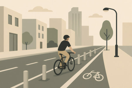 Minimalist illustration of a cyclist riding on a protected bike path in a city setting, promoting sustainable transportation and urban mobilityの素材