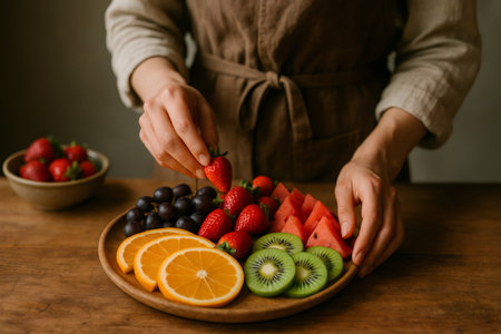 Close up of chef's hands arranging a wooden platter of fresh fruit, including strawberries, kiwi, watermelon, and orange slices, promoting healthy eating and culinary skillsの素材