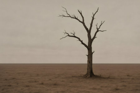 Stark image of a lone dead tree in a barren landscape, symbolizing drought, climate change, and environmental fragilityの素材