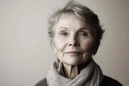 Close up portrait of a stylish senior woman exuding confidence and grace, showcasing the beauty of agingの素材