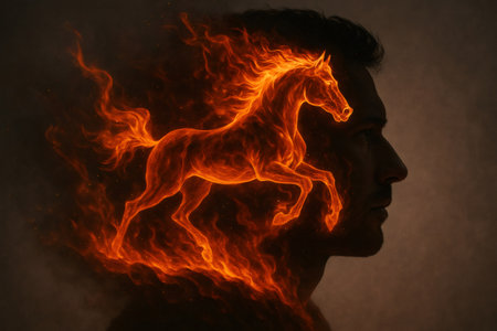 Digital artwork depicting a fiery horse running inside the profile of a man, symbolizing freedom, passion, and untamed spiritの素材