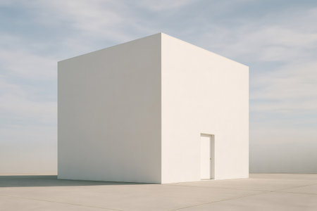 Minimalist white cube building featuring a closed door, standing on a concrete surface under a cloudy sky, evoking themes of simplicity and modern architectureの素材