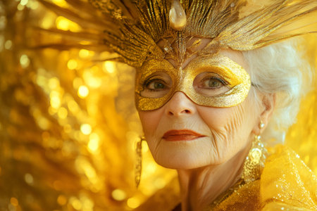 Portrait of elegant mature woman wearing golden mask and headdress posing during Venice Carnival celebrationの素材