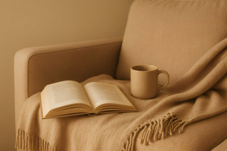 Open book and a ceramic mug sit on a soft blanket draped over a comfortable armchair, creating a cozy reading nookの素材