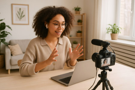 Content creator recording an engaging video tutorial at home, utilizing a laptop, camera, and microphone to enhance online learning experiencesの素材