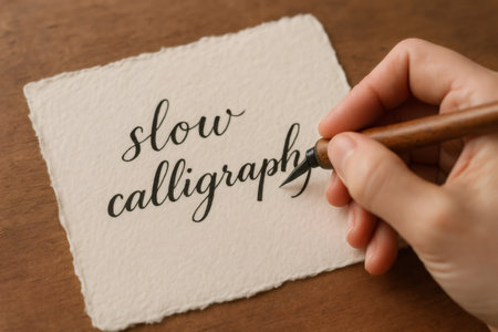 Hand writing slow calligraphy with a wooden pen holder on a sheet of handmade paper placed on a wooden tableの素材