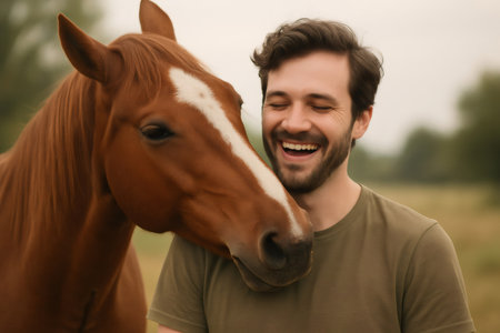 Brown horse nuzzles a laughing farmer in a field, creating a heartwarming scene of connection between human and animalの素材
