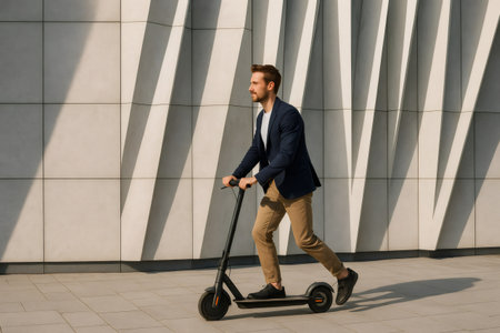 Young professional riding electric scooter near modern building facade, embracing sustainable urban commutingの素材