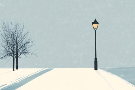 Minimalist illustration of a street lamp casting light on a snow covered ground with bare trees in the background during winterの素材