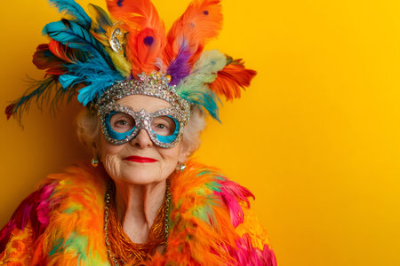 Portrait of a stylish senior woman wearing a vibrant carnival costume and mask with feathers, enjoying the festive atmosphereの素材