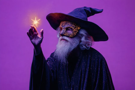 Studio portrait of magician wearing mask and holding a bright star, creating a magical atmosphere with purple lightの素材