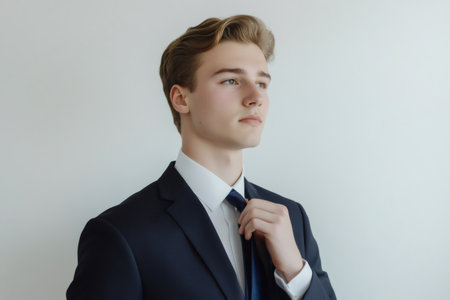 Young professional adjusting his tie against a neutral backdrop, exuding confidence and showcasing impeccable style and eleganceの素材